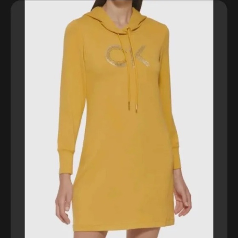 NWT Calvin Klein Women's Yellow Embellished-Logo Hoodie  Dress Sz: S